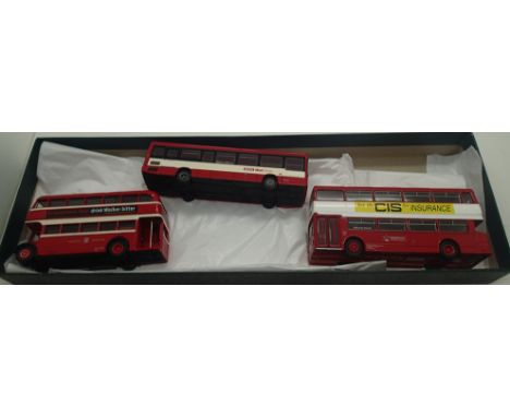 Three diecast model buses Warrington Corporation; Route 1 Knutsford Road Westy, Route 16 Folly Lane Dallam, Route 45 Warringt