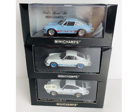 3x Minichamps 1:43 Scale Porsche 911's - To Include: Carrera RSR 2.8 Blue, Carrera RS 2.7 White, Carrera RS 3.0 White - All B