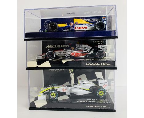 3x Minichamps 1:43 Scale F1 Race Cars - J Button, L Hamilton, N Mansell - All Boxed. P&amp;P Group 2 (£18+VAT for the first l