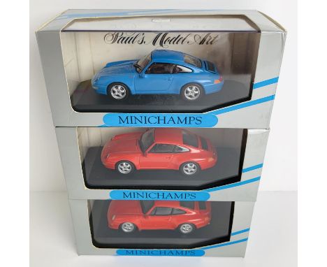 3x Minichamps 1:43 Scale Porsche 911's - To Include: 1993 Porsche 911 Coupe in Blue, Red, 1995 Carrera RS Red - All Boxed. P&