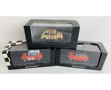 3x 1:43 Scale Mini Cooper Models - To Include: Paul Smith Edition, 2x Minichamps Mini's Mk1 / MKII - All Boxed. P&amp;P Group