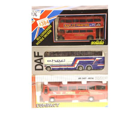 Three diecast passenger vehicles, Solido London bus, Tekno DAF coach and Joal Compact coach. P&amp;P Group 2 (£18+VAT for the