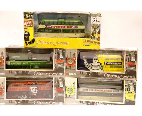 Five Corgi Original Omnibus Blackpool trams. OM43508, 43514, 43501, 43503 and 43515. P&amp;P Group 2 (£18+VAT for the first l