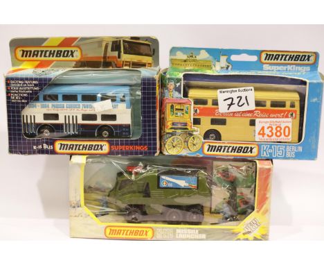 Three boxed Matchbox models, K111 missile launcher, K15 bus and K15 Berlin bus. P&amp;P Group 2 (£18+VAT for the first lot an
