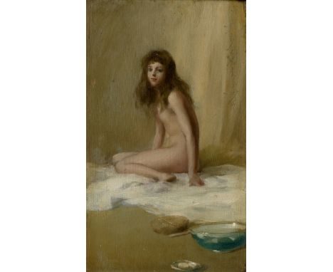 Robert Goodloe Harper Pennington,  American 1854-1920- Study of a seated nude lady; oil on panel, signed 'Harper Pennington' 