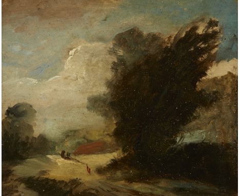 Follower of John Constable,  British 1776-1837- Cloudy landscape with a tree; oil on canvas laid down on panel, bears inscrip