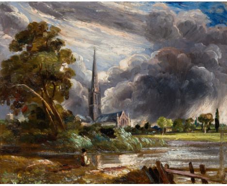 After John Constable, RA,  British 1776-1837- Salisbury Cathedral from the Meadows; oil on panel, bears old label inscribed '