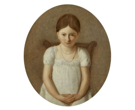 Follower of John Opie, RA,  British 1761-1807- Portrait of a girl, seated half-length, wearing a white dress and pearl neckla