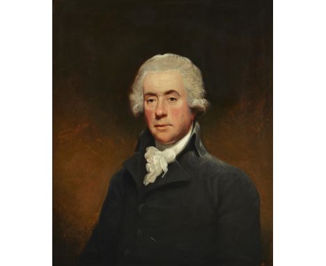 Circle of Gilbert Stuart,  American 1755-1828- Portrait of a gentleman, seated, half-length, wearing a navy coat and white cr