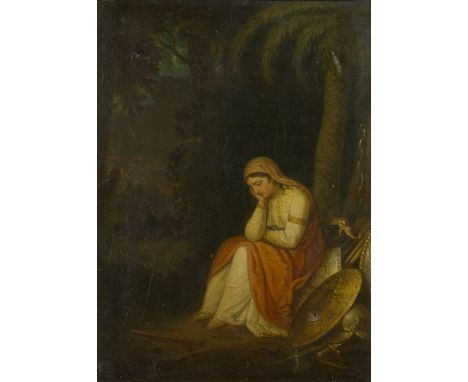 Circle of Angelica Kauffman, RA,  Swiss 1741-1807- A maiden with classical trophies in a landscape; oil on copper, 31 x 23.8 