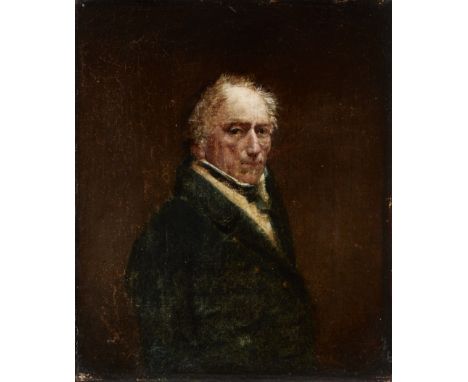 Circle of John Linnell,  British 1792-1882- Portrait of a gentleman, half-length, wearing a green coat; oil on canvas, 31 x 2