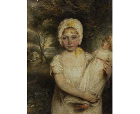 Charles Bestland,  British 1763-c.1837- Portrait of a girl in a landscape, wearing a bonnet and holding a doll; oil on copper