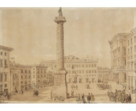 Giovanni Paolo Panini,   Italian 1691-1765- View of Piazza Colonna with the Column of Marcus Aurelius, Rome; black chalk, pen