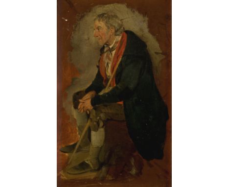 Edward Bird, RA,  British 1772-1819- Sketch for 'A Tale of Waterloo': A seated man with a walking stick; oil on panel, signed