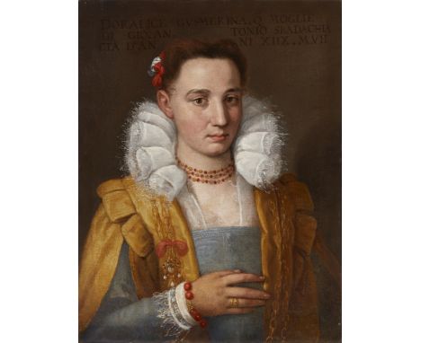 Follower of Alessandro Allori,  Italian 1535-1607- Portrait of Doralice Gusmerina, half-length, in a blue dress and yellow go