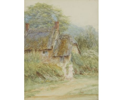 Attributed to Helen Allingham, RWS, British 1848-1926- A Thatched cottage on a country lane; watercolour heightened with whit