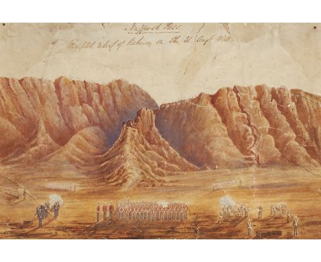 British School,  mid 19th century- The Siege of Kahun; watercolour heightened with scratching out on paper, inscribed 'Nuffoo