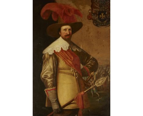 Follower of Michiel Jansz van Miereveld,  Dutch 1567-1641- Portrait of a noble man, wearing a red sash, white lace collar, wi