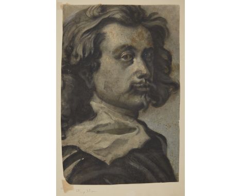 After Sir Anthony van Dyck,  Flemish 1599-1641- Self-portrait; black wash heightened with white on blue paper, 37.8 x 25 cm. 