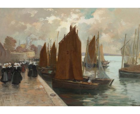 Henri Alphonse Barnoin,  French 1882-1940- Sailing boats in a harbour, Brittany; oil on canvas, signed 'H Barnoin' (lower rig