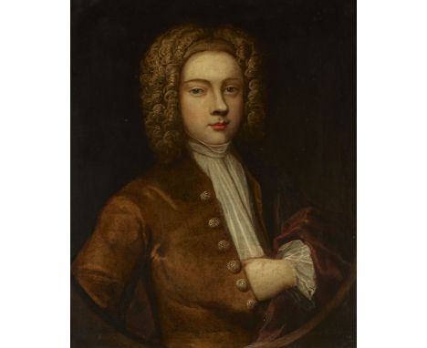Follower of Hans Hysing,  Swedish 1678-1753-   Portrait of a young man, half-length, wearing a brown coat and white jabot, wi