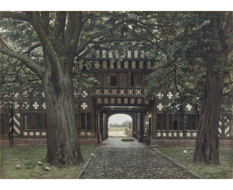 Elias Mollineaux Bancroft,  British 1846-1924- A wooded courtyard with a view through a gate; bodycolour heightened with gum 