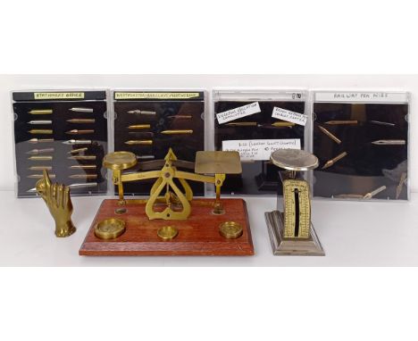 A set of postage scales, assorted nibs and other items (box) 