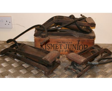 A Kismet Junior foot operated pump, wooden case, a Dunlop Standard foot operated pump and a PCL royal foot operated pump (4).