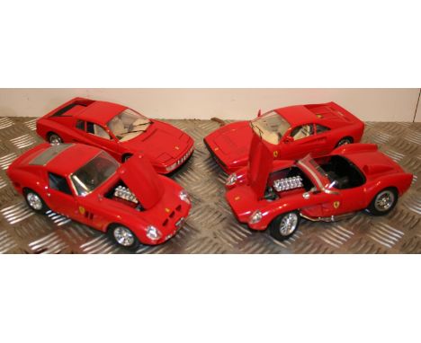 Burago 1/18 scale die cast models; Ferrari 250 (1957), Ferrari GTO (1962), Ferrari Testarossa (1984) and Ferrari GTO (1984) (