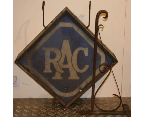 A glass RAC hanging advertising sign, with bracket (one panel missing), 74 cm. Originally hung at Station Garage, Little Weig