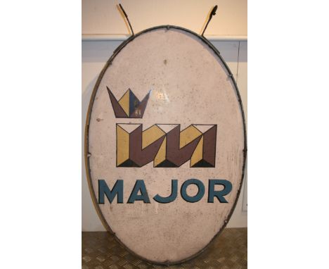 An enamel double sided advertising swinging sign, for Major, sold with a mounting bracket, 100 x 66 cm.