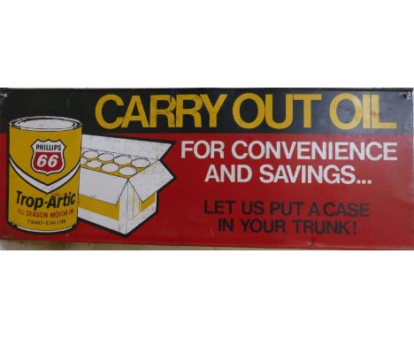 An American enamel advertising sign; Phillips 66 "carry out oil", 46 x 122 cm. 