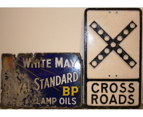 A painted cross roads sign, 54 x 31 cm, and a double sided advertising sign for White May Royal Standard BP Lamp Oil, 30 x 45