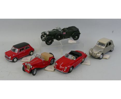 Franklin Mint 1/24 scale die cast models; 1955 Porsche 356 Speedster, 1951 Citroen 2CV, 1929 Bentley 1967 Morris Mini Cooper 