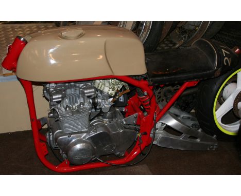 A Norton/Kawasaki special project;  Engine number; KZ 750 BE 053829. The altered wide body featherbed chassis fitted with a 7