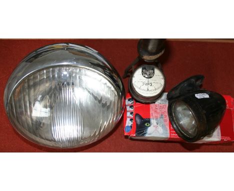 Rotax - a K515 brass 3" side lamp, a King of the Road PE - L14  chrome lamp, various light bulbs and a Weston type H battery 