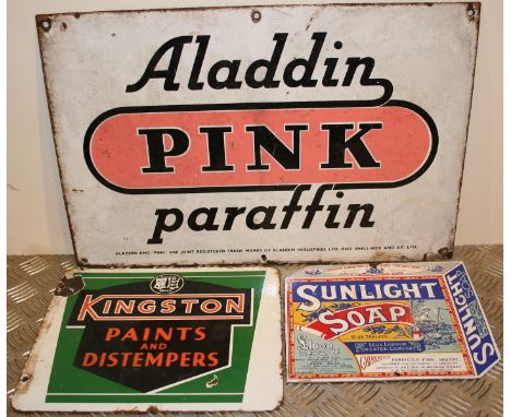 Three enamel advertising signs, Alladin Pink Paraffin, 35 x 53 cm, Kingston Paints 25 x 30 cm and Sunlight Soap 21 x 25 cm (3
