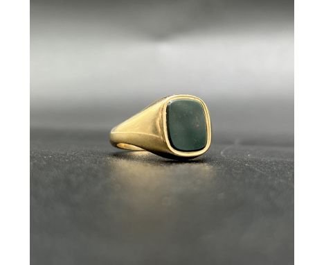 9ct yellow gold gents signet ring,
8.8 grams,
set with blood stone,
size V,
hallmarked