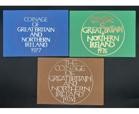 A Royal Mint set from 1977 1/2 penny,
1 penny,
2 pence,
5 pence,
10 pence and a larger coin this set has no leaflet,
1975 has