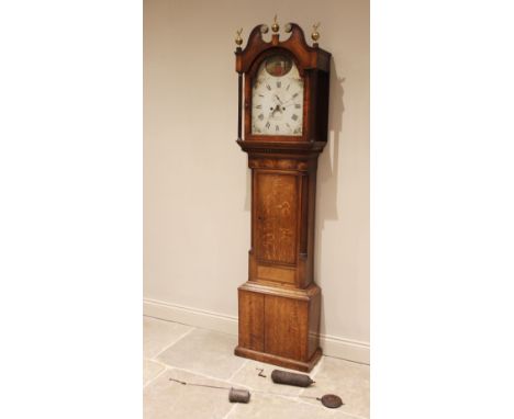 A 19th century oak and mahogany crossbanded eight day longcase clock by Joyce Jnr, Ruthin, the swan neck pediment over freest