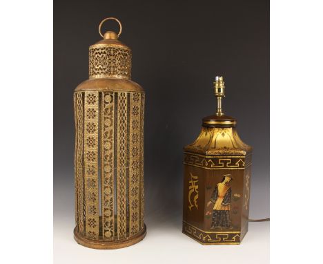 A contemporary toleware style lamp base, the hexagonal form body painted with Chinese symbols and figures in traditional dres