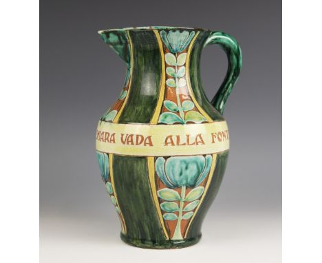 An Arts & Crafts Della Robbia ewer, early 20th century, of shouldered inverted baluster form, designed by Cassandia Annie Wal