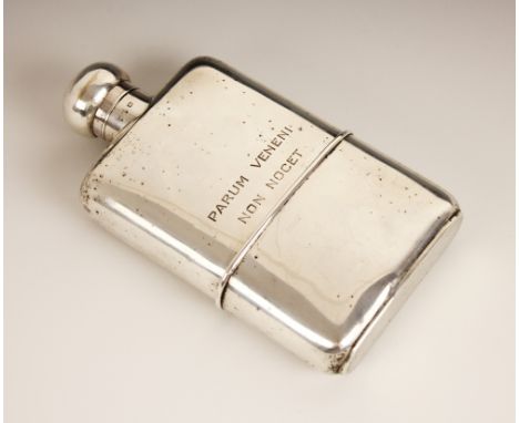 A George V silver hip flask, Mappin & Webb, London 1928, of curved rectangular form, bayonet clasp fastening, inscribed 'Paru