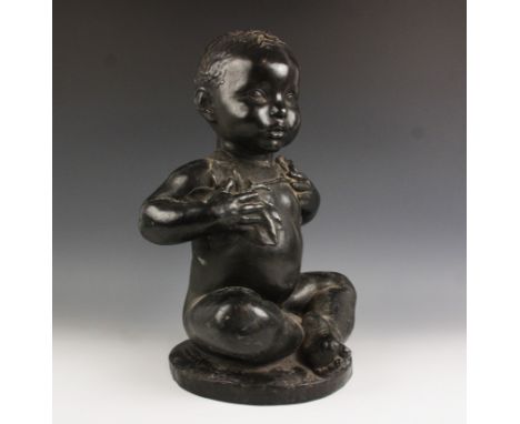 After Mary Gaskell Gillick OBE (née Tutin; 1881-1965), "Eve", a patinated sculpture modelled as a seated baby clasping foliag