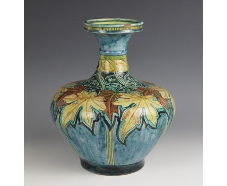 An Arts & Crafts Della Robbia Pottery "Dutch" vase, late 19th century, of squat baluster form with flared neck and raised rim