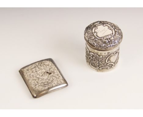 A Victorian silver dressing table jar, Thomas Hayes, Birmingham 1898, of cylindrical form, embossed with floral scrolling det