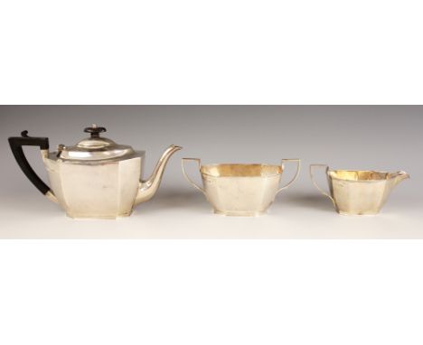 A George V silver tea service, James Deakin &amp; Sons, Sheffield 1929, comprising teapot, milk jug and sucrier, each of tape