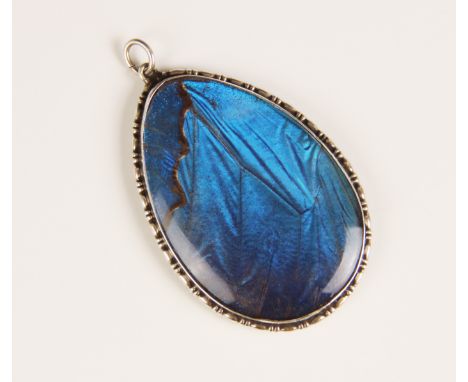 A silver butterfly wing pendant, the teardrop shaped pendant with central glazed compartment containing a butterfly wing, wit