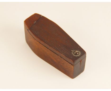 A George III novelty carved mahogany snuff box, early 19th century, modelled as a coffin with rotating lid, 8.5cm long, with 