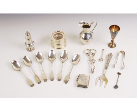 A selection of silver and silver coloured tableware and accessories, to include a set of six Victorian silver fiddle pattern 